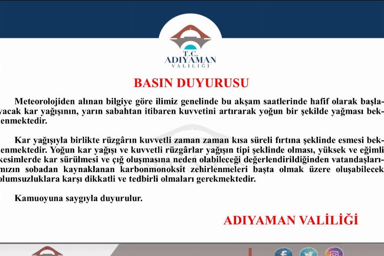 Adıyaman Valiliğinden kar uyarısı -