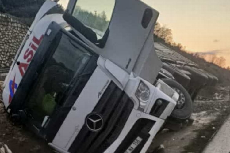 Bilecik’te lastiği patlayan TIR devrildi sürücü yaralandı -